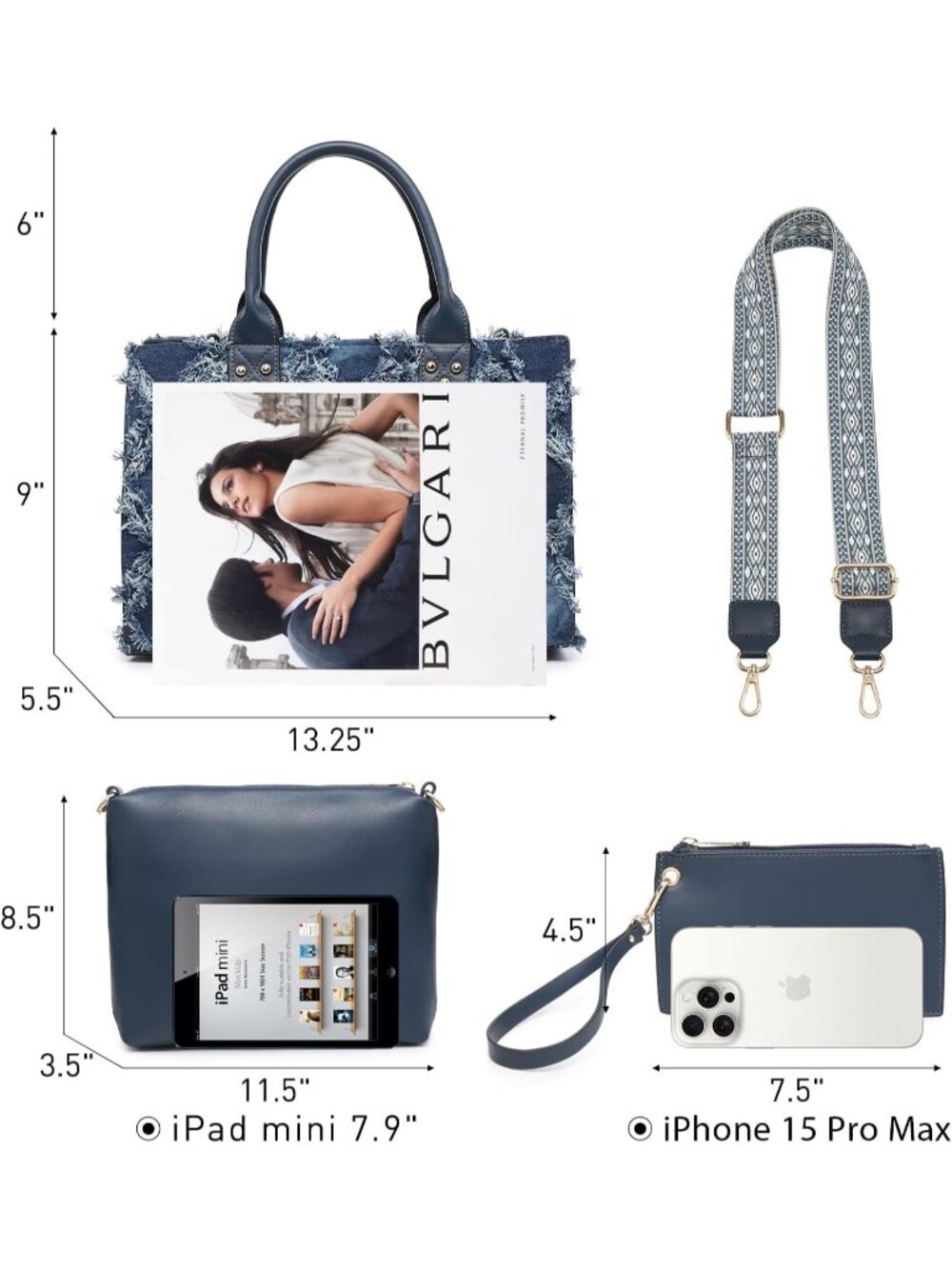 Women's Denim Blue Wallet Set Top Handle Satchel Shoulder 3pcs Hobo Handbag - Picture 6 of 6